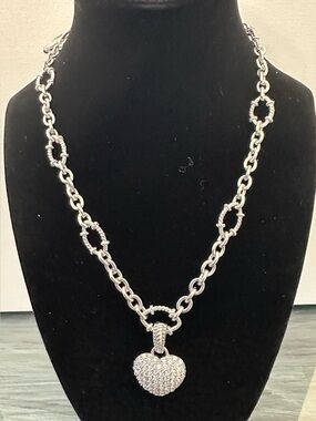 Judith Ripka Sterling Silver 18" Toggle Chain Pave CZ Heart & Fleur De Lis 48.7g